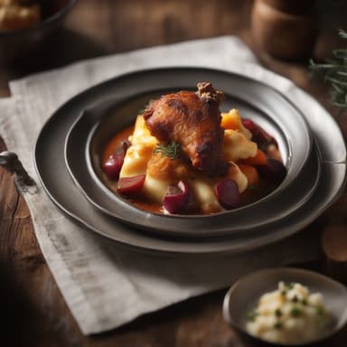Savory Root Vegetable Bourguignon with Crispy Chicken and Melted Cheese
