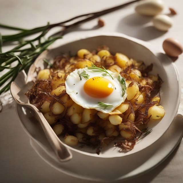 Potato and Egg Hash with Crispy Shallot Garnish